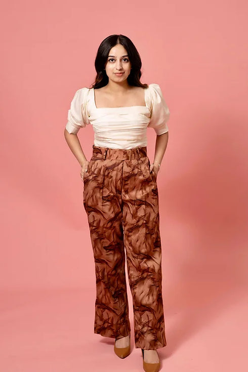 Classy Brown White Coord Set With Belt